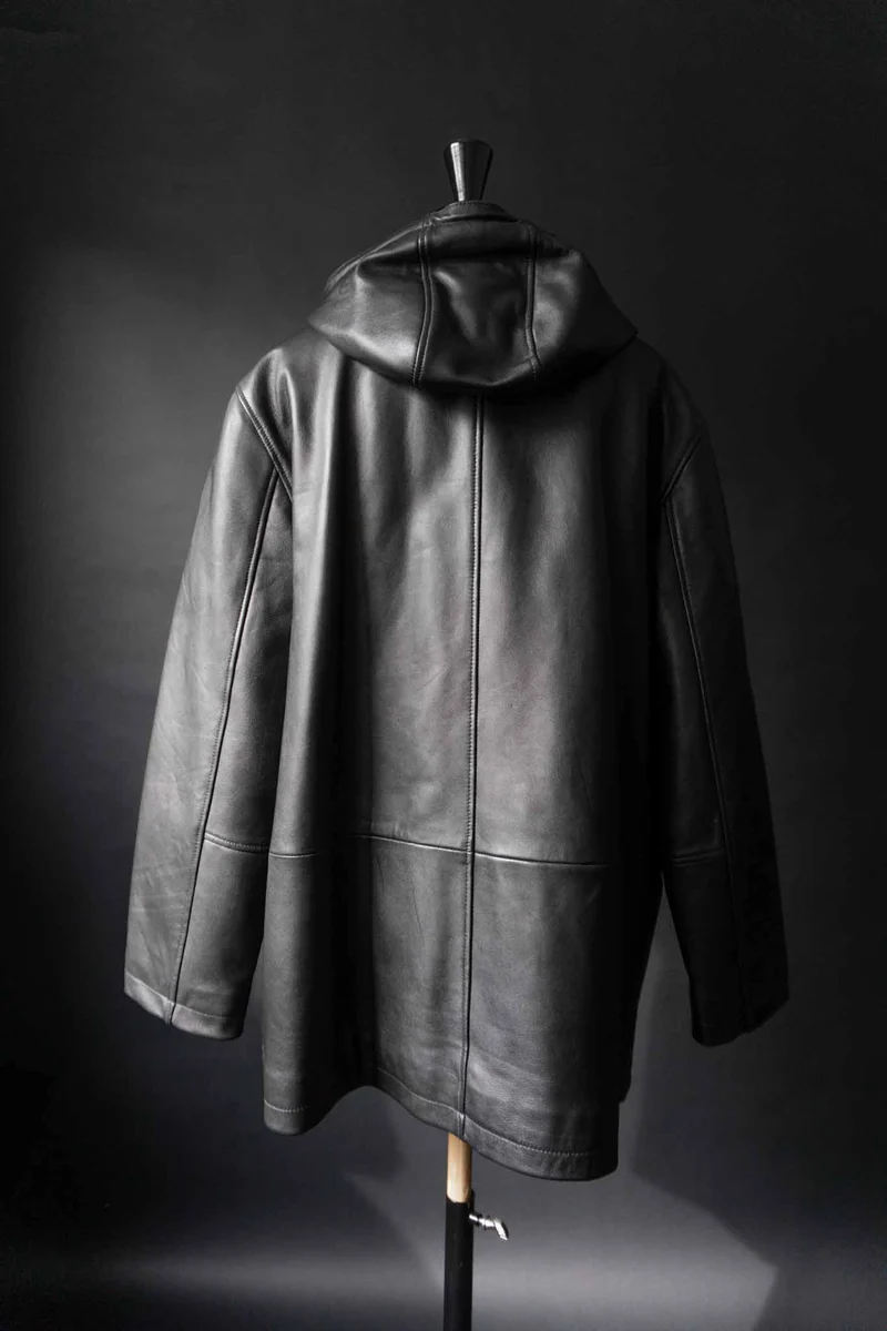 Vintage Kapuzen Lederjacke, Schwarz, M–XL