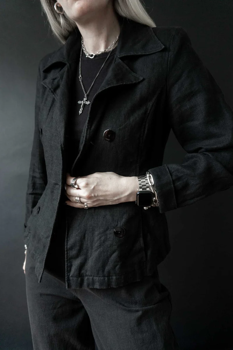 Vintage Leinen-Blazer, Schwarz, XS–M