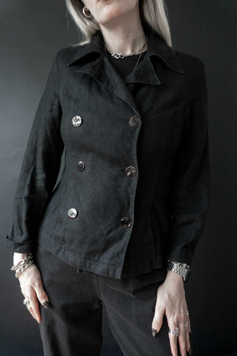 Vintage Leinen-Blazer, Schwarz, XS–M