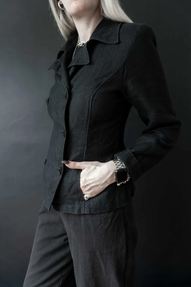 Vintage Leinen-Blazer, Schwarz, XS–M