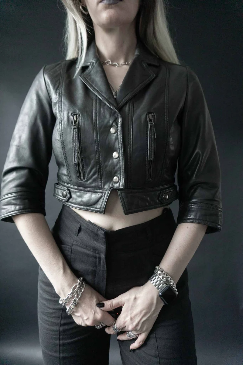 Vintage Cropped-Lederjacke, Schwarz Druckknöpfe, XS–M