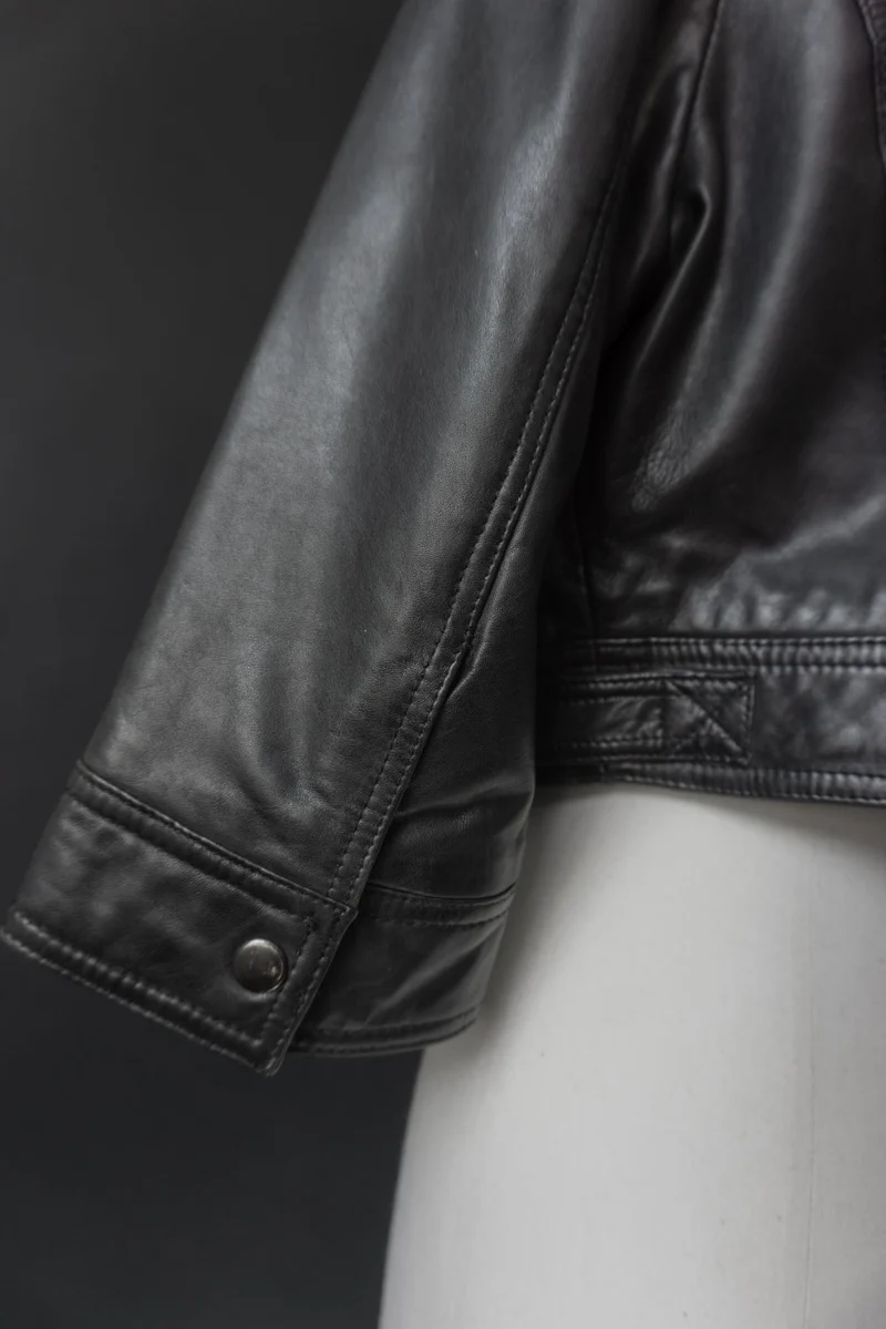 Vintage Cropped-Lederjacke, Schwarz Druckknöpfe, XS–M