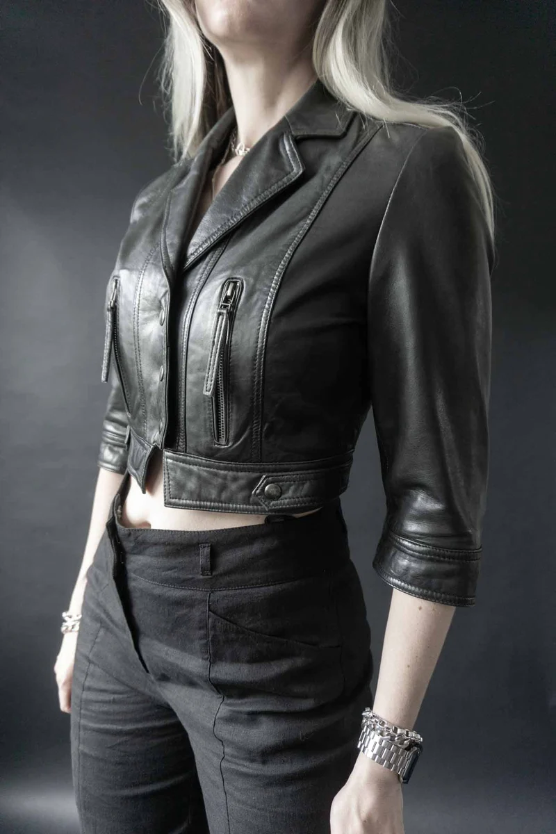 Vintage Cropped-Lederjacke, Schwarz Druckknöpfe, XS–M