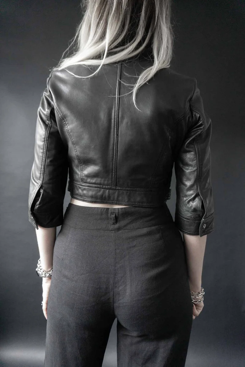 Vintage Cropped-Lederjacke, Schwarz Druckknöpfe, XS–M
