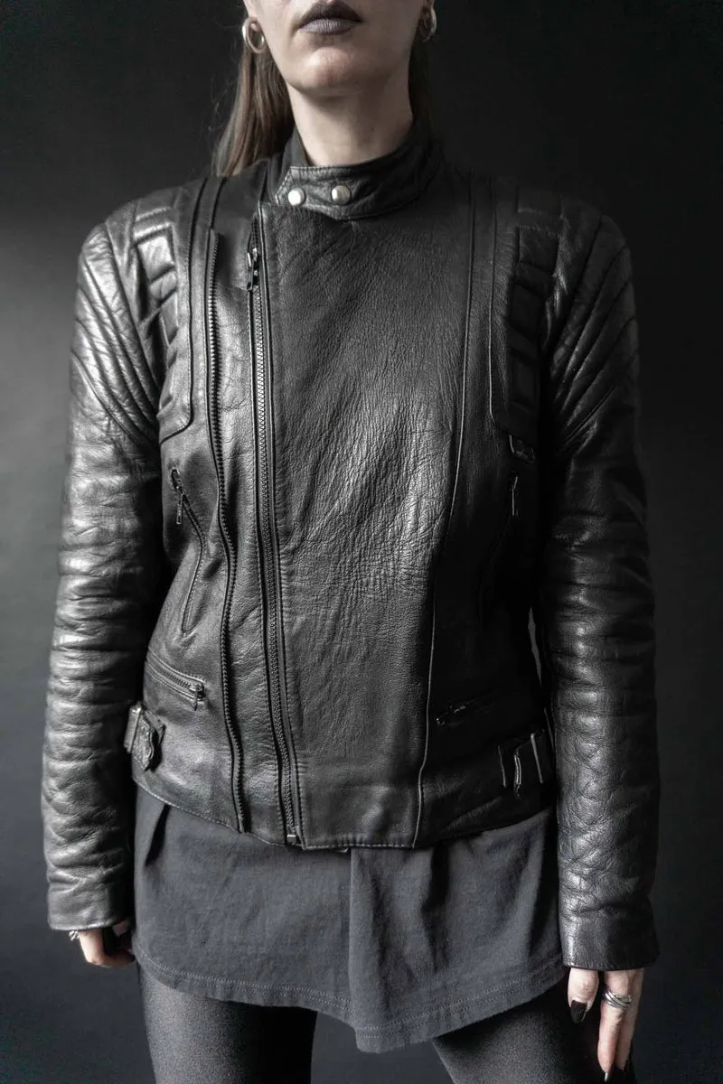 Vintage Biker-Lederjacke, Schwarz Protektoren, M–L