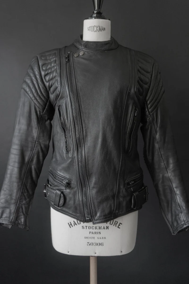 Vintage Biker-Lederjacke, Schwarz Protektoren, S–M