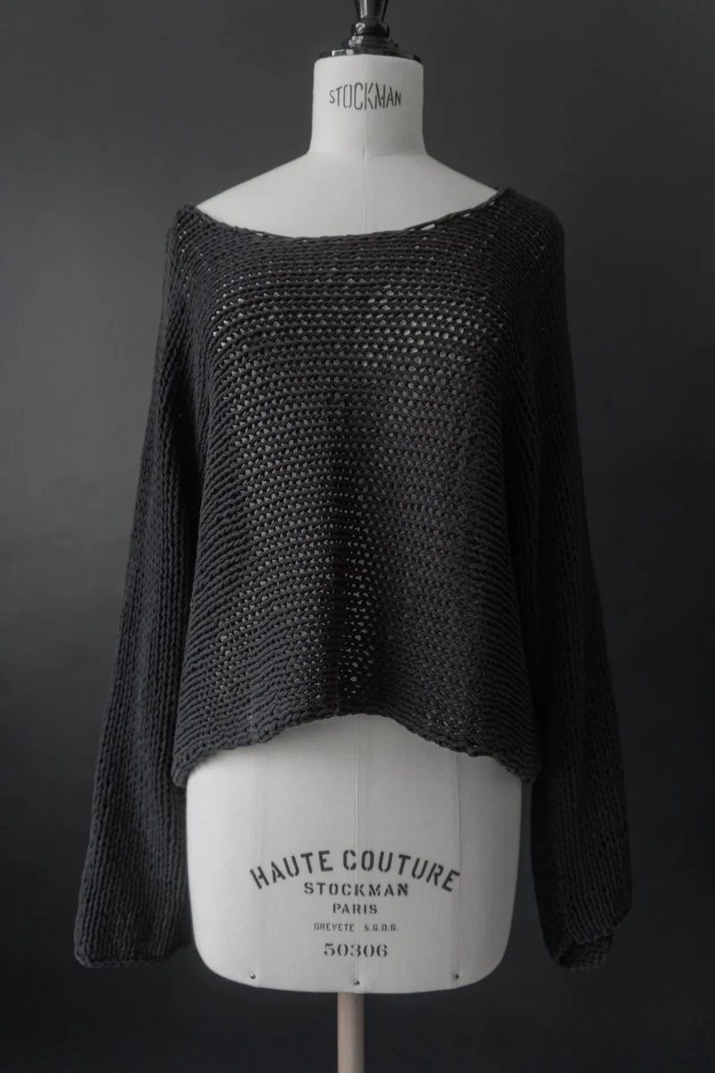 Vintage Pullover, Schwarz Baumwolle Grobstrick, S–L