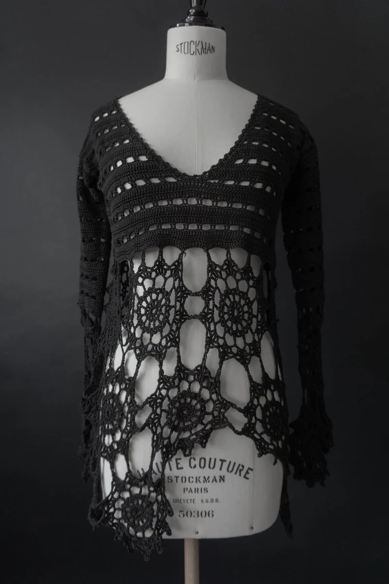 Vintage Pullover, Schwarz Häkel Baumwolle, XS–M