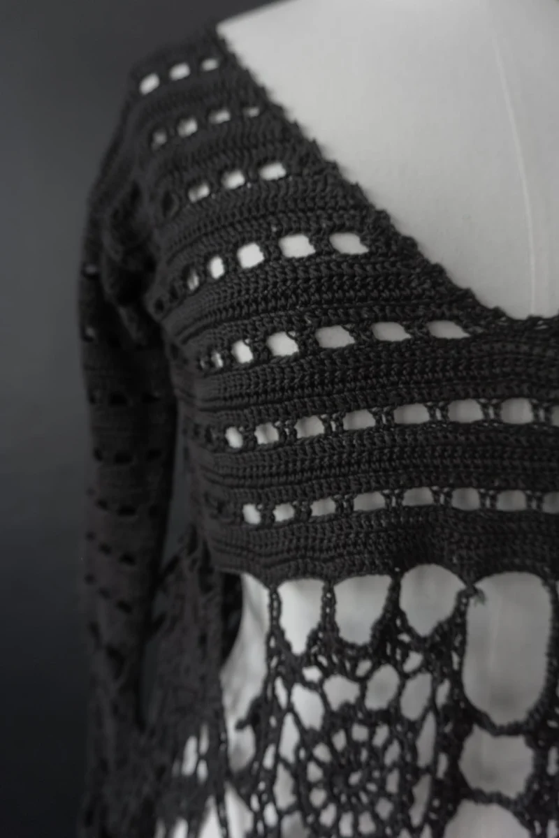 Vintage Pullover, Schwarz Häkel Baumwolle, XS–M