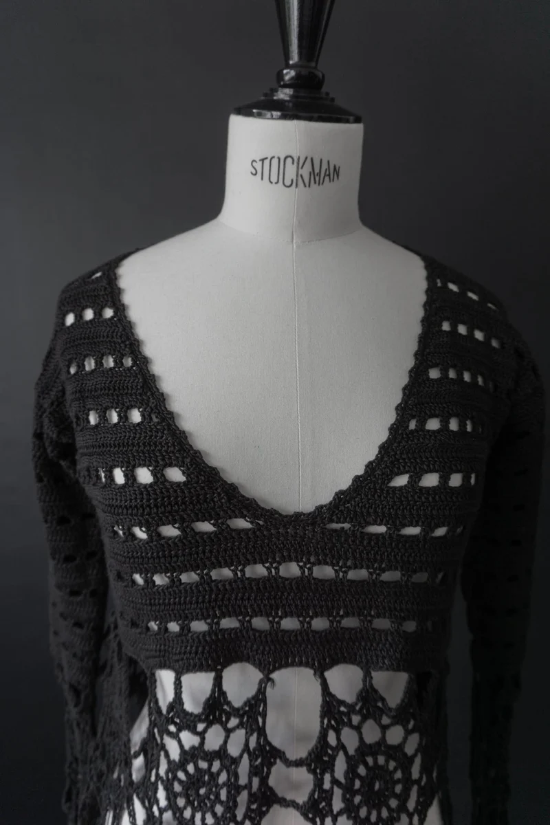 Vintage Pullover, Schwarz Häkel Baumwolle, XS–M