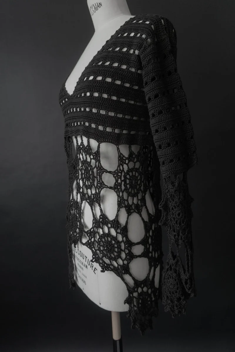 Vintage Pullover, Schwarz Häkel Baumwolle, XS–M