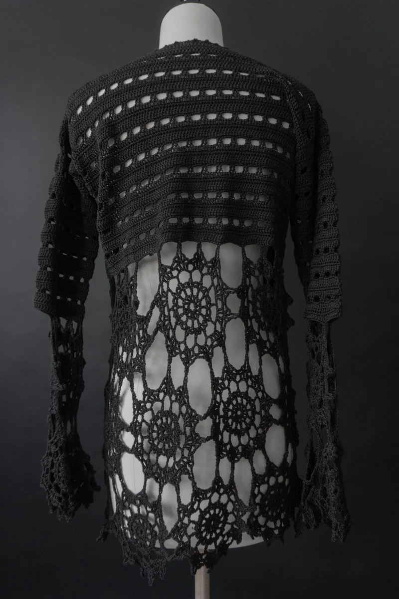 Vintage Pullover, Schwarz Häkel Baumwolle, XS–M