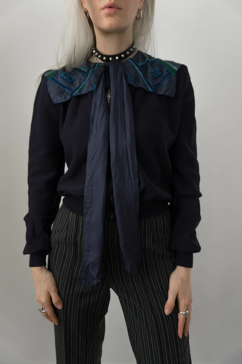 Pullover Navy Perlen Seide Wolle S