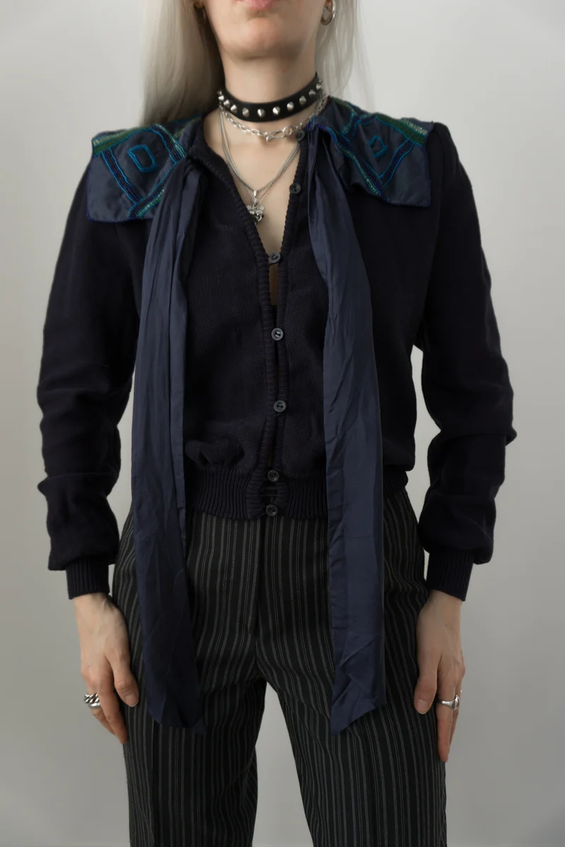 Pullover Navy Perlen Seide Wolle S