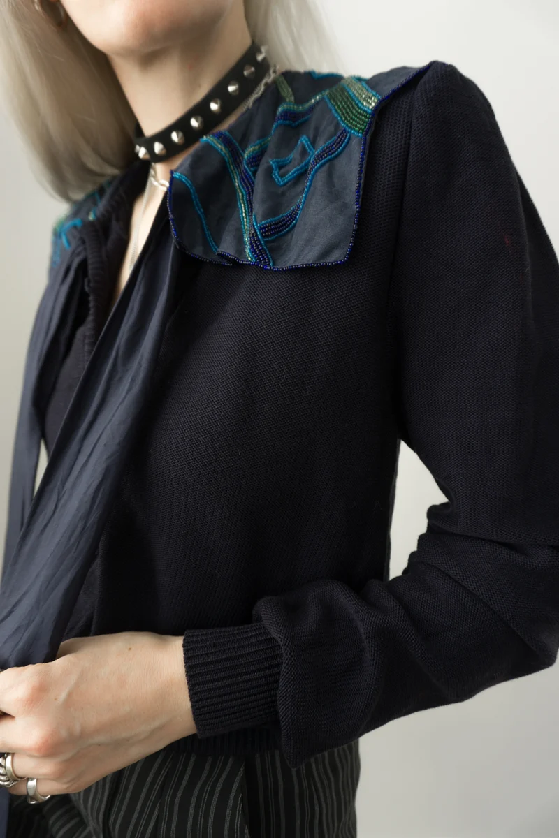 Pullover Navy Perlen Seide Wolle S