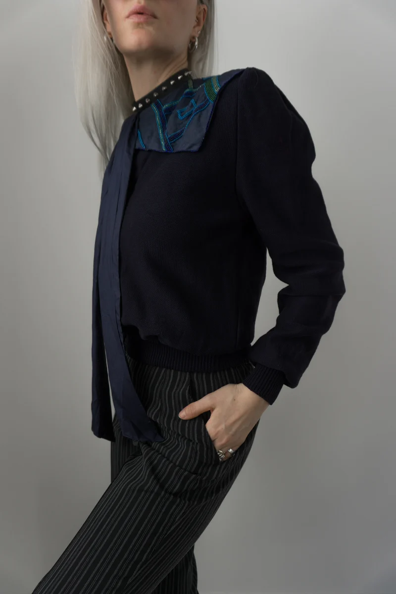 Pullover Navy Perlen Seide Wolle S