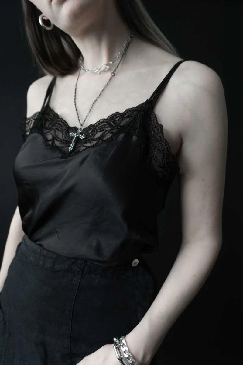 Vintage Top Seide, Spitze, S–M