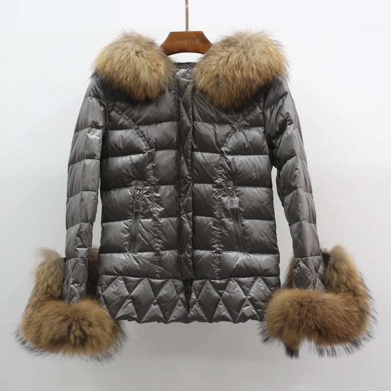 Padded Coat With Fox Fur Cuffs And Hood