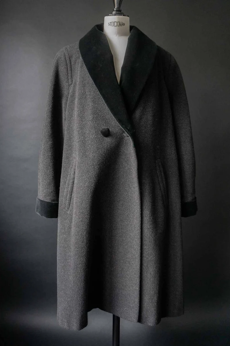 Vintage Wollmantel mit Samt-Schalkragen, M–L