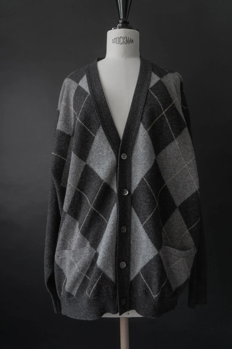 Vintage Strickjacke, Grau Karo Wolle Peter Prince, L