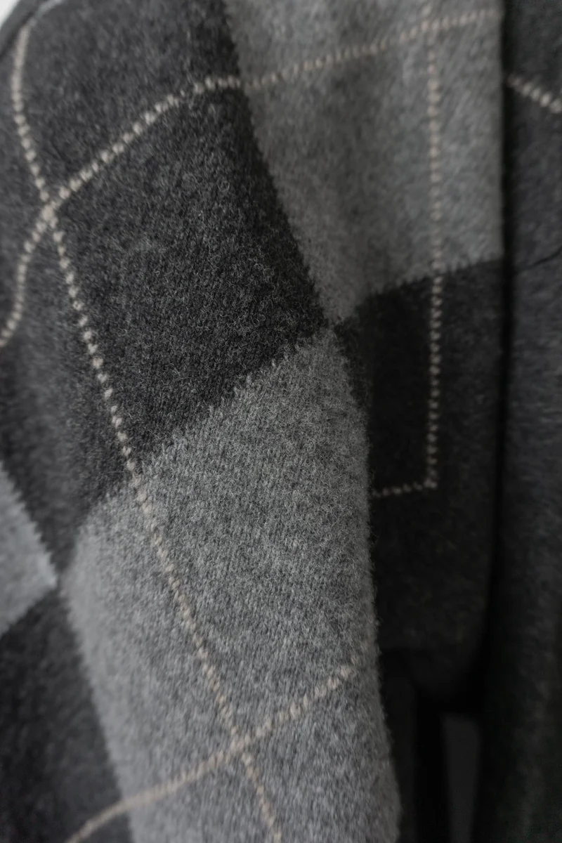 Vintage Strickjacke, Grau Karo Wolle Peter Prince, L