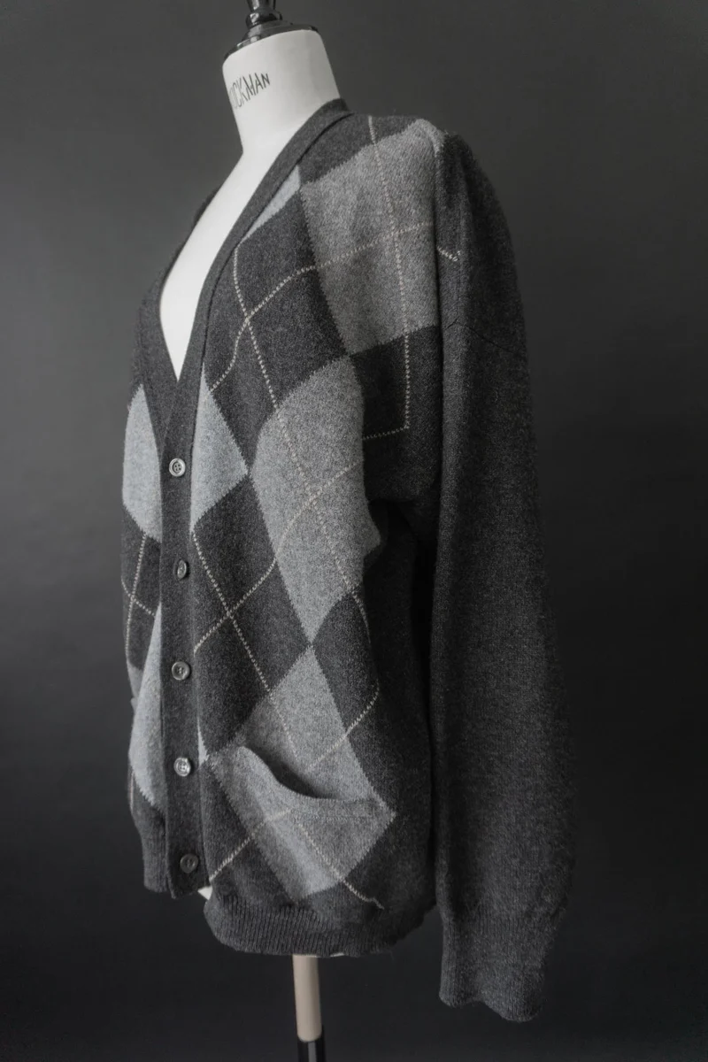 Vintage Strickjacke, Grau Karo Wolle Peter Prince, L