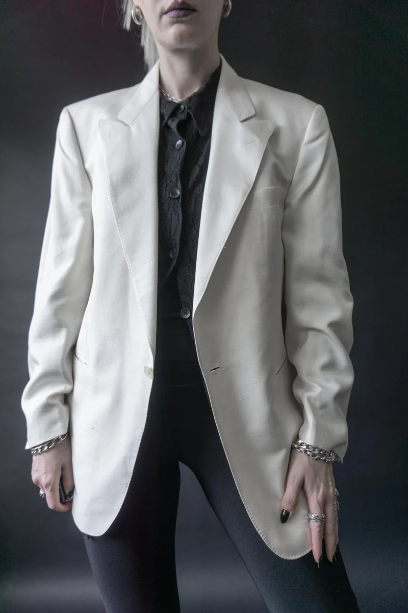 Vintage Windsor Blazer, Weiß Seide 80s, M–L