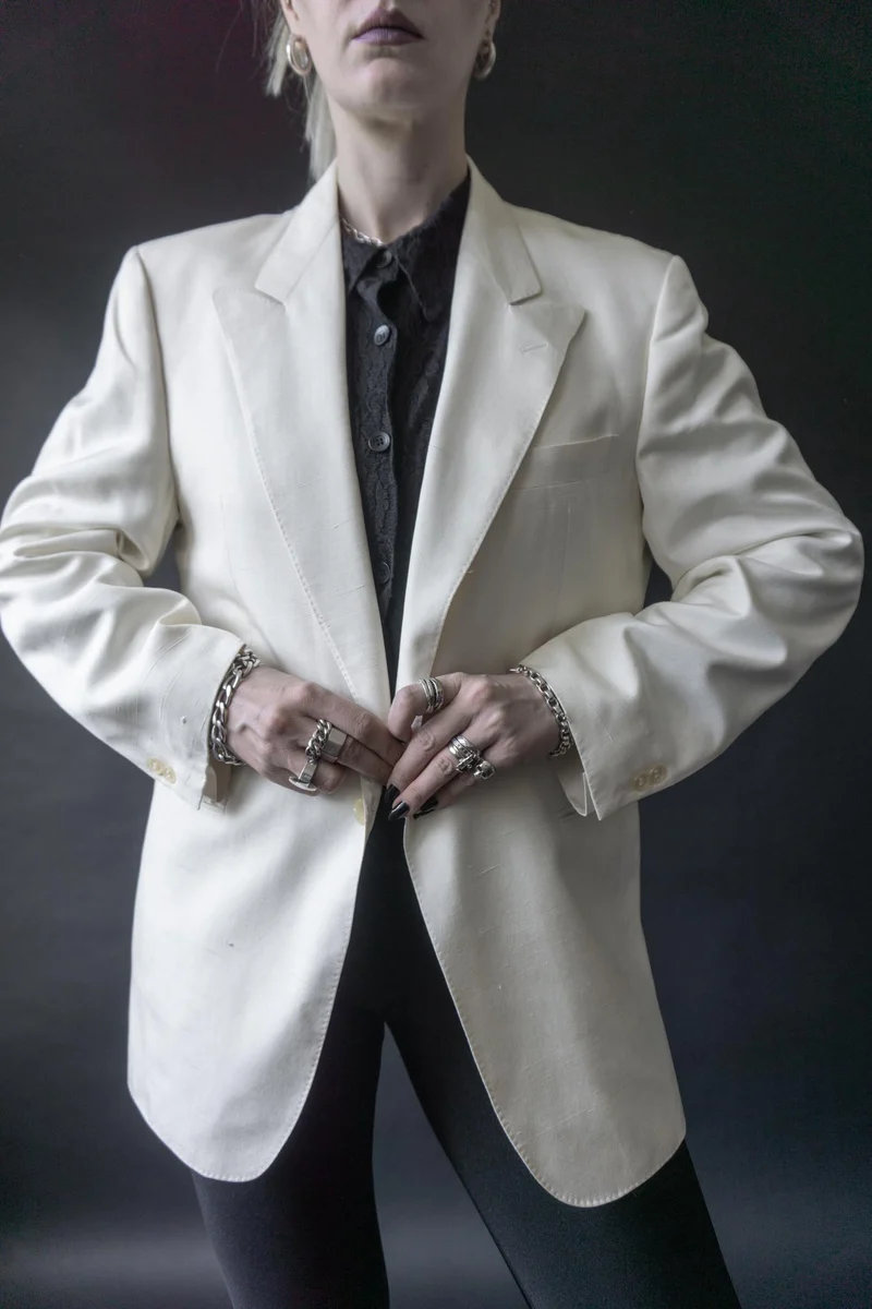 Vintage Windsor Blazer, Weiß Seide 80s, M–L