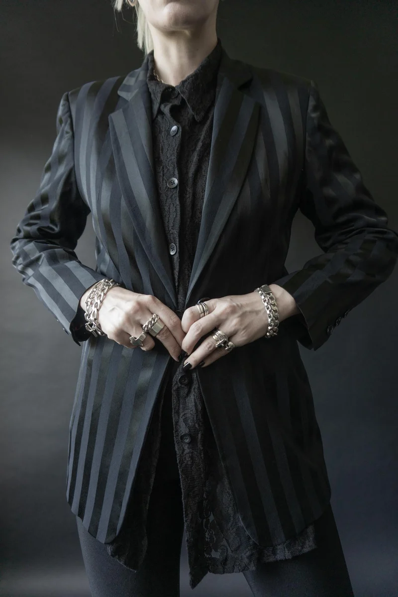 Vintage Rosner Blazer, Schwarz Pinstripe, XS–S