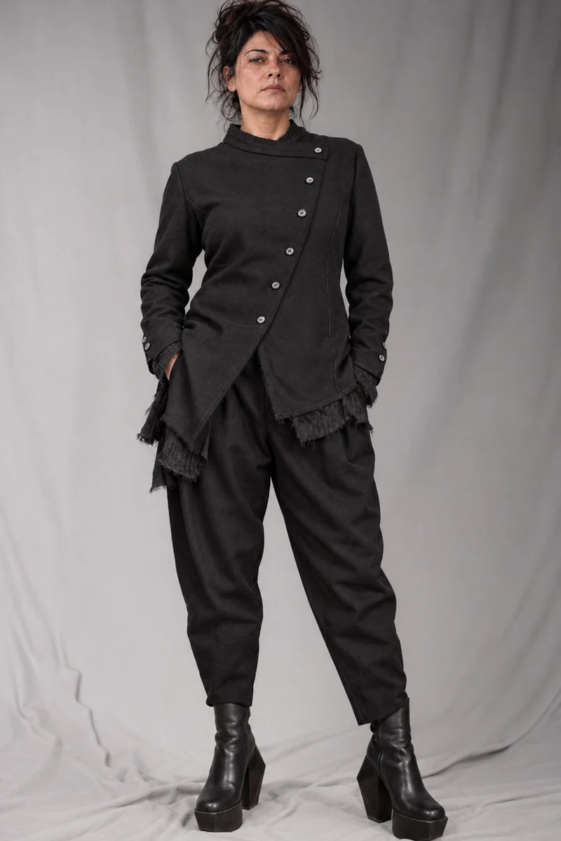 eigensinnig wien | CamEgo | Schwarzer Avantgarde-Hosenanzug für Damen aus italienischer Wolle mit Tapered-Fit Hose
