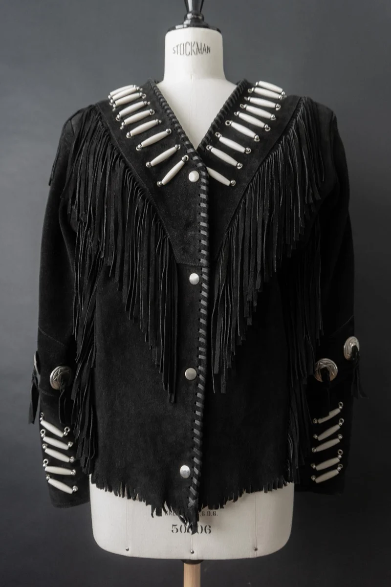 Vintage Western Lederjacke aus Veloursleder mit Fransen & Conchos, M–L