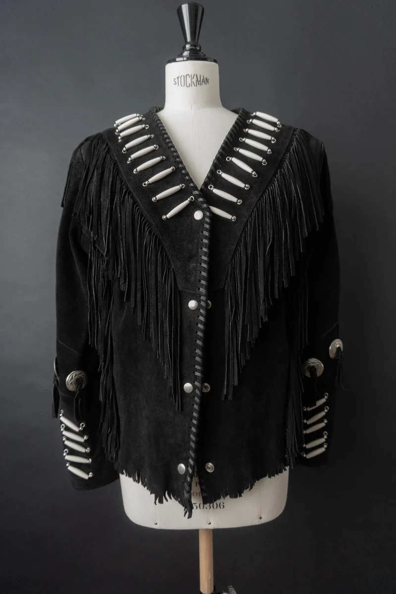 Vintage Western Lederjacke aus Veloursleder mit Fransen & Conchos, M–L