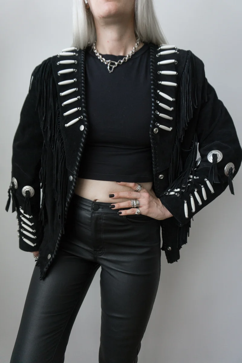 Vintage Western Lederjacke aus Veloursleder mit Fransen & Conchos, M–L