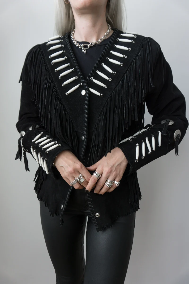 Vintage Western Lederjacke aus Veloursleder mit Fransen & Conchos, M–L