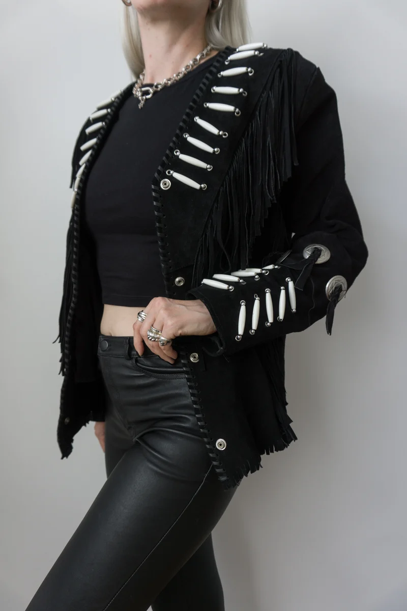 Vintage Western Lederjacke aus Veloursleder mit Fransen & Conchos, M–L