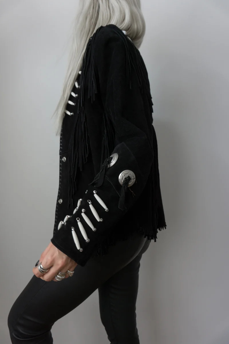 Vintage Western Lederjacke aus Veloursleder mit Fransen & Conchos, M–L