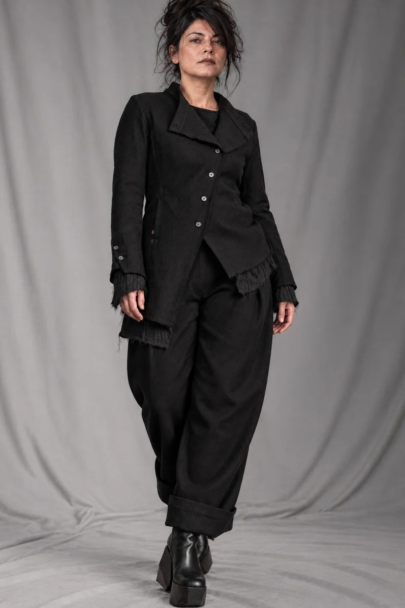eigensinnig wien | BanCam | Avantgardistischer Damen-Hosenanzug aus italienischer Wolle mit asymmetrischer Jacke