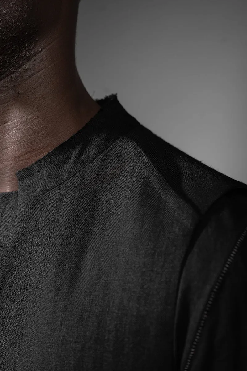 eigensinnig wien | Bartleby | Schwarze Designer Anzugweste für Herren mit Streifen aus japanischem Wolle-Leinen-Mix
