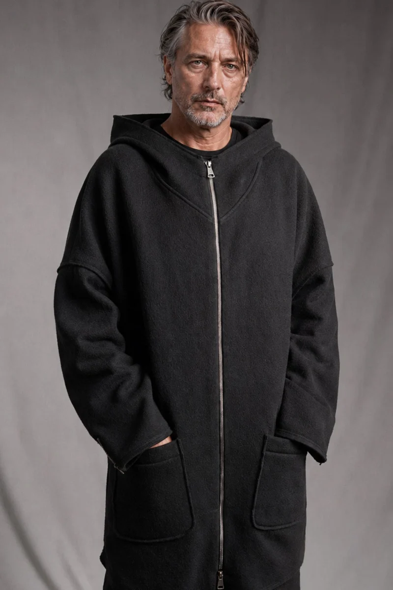 eigensinnig wien | Hades | Schwarzer, hochwertiger Designer-Wollcardigan mit Kapuze im Oversize-Schnitt