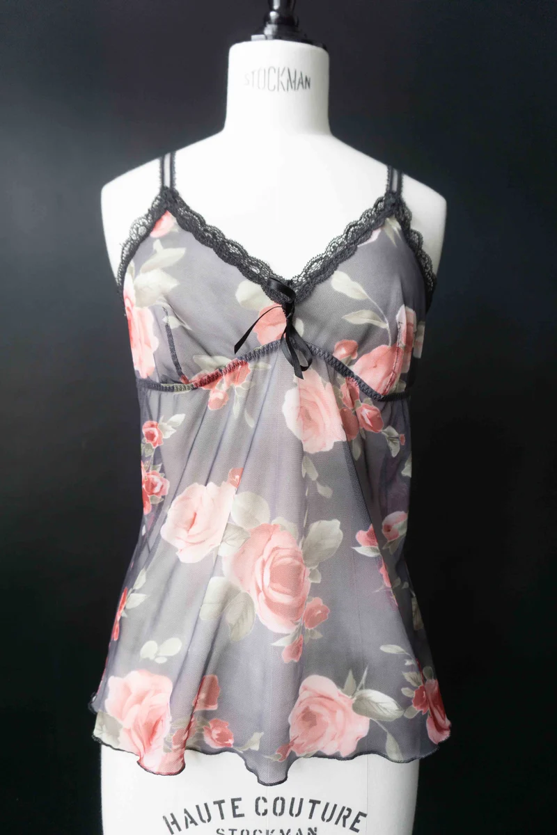Vintage Mesh-Top mit Rosenmuster, XS–M