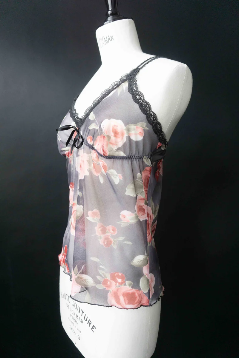 Vintage Mesh-Top mit Rosenmuster, XS–M