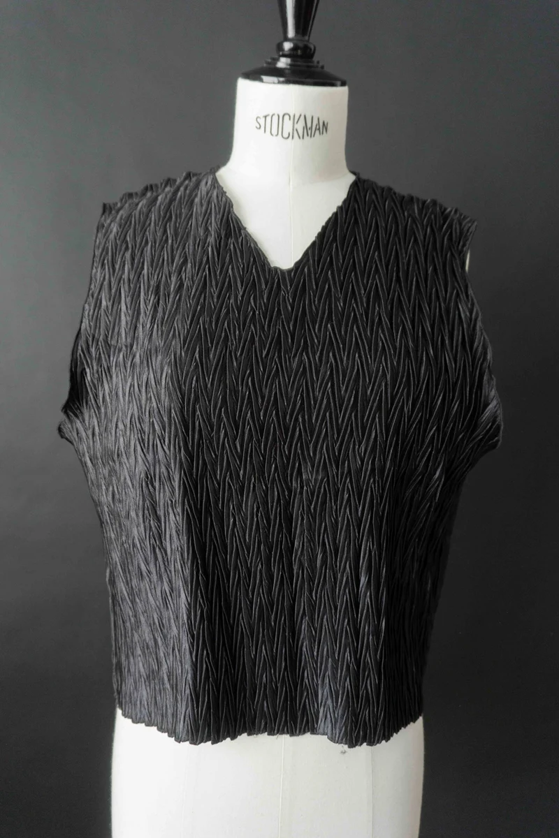 Vintage Plissé-Top, Schwarz, S–L