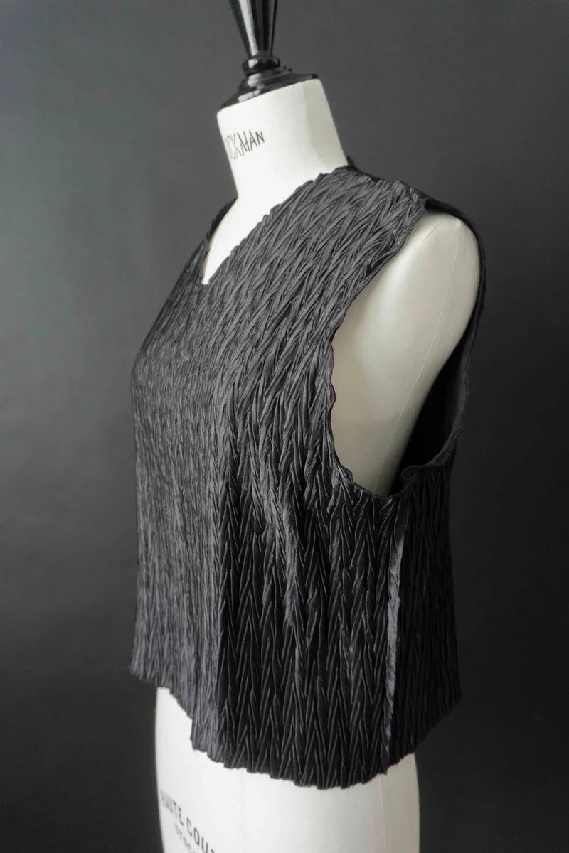 Vintage Plissé-Top, Schwarz, S–L