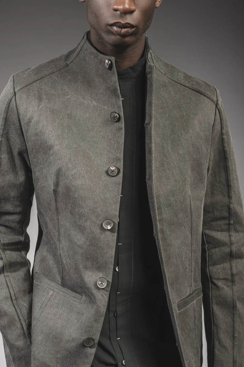 eigensinnig wien | Corey | Außergewöhnliche Designer Jeansjacke für Herren mit Stehkragen in Moosgrau