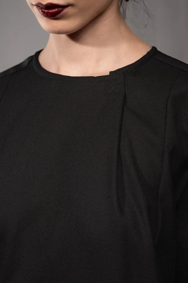 eigensinnig wien | Samain | Asymmetrisches Draped Layered Damen Langarmtop aus exklusiver Twill-Wolle in Schwarz