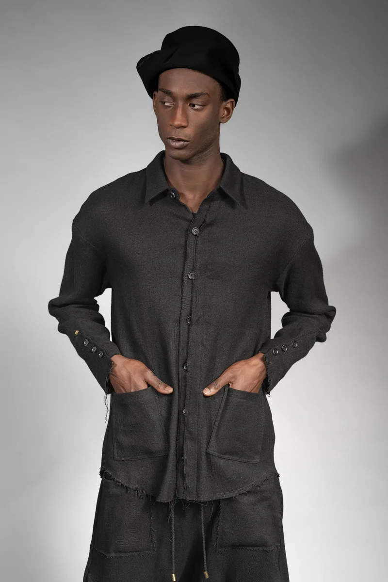 eigensinnig wien | Thoreau | Außergewöhnliches, schwarzes Designer Overshirt aus Wolle-Leinen-Mix