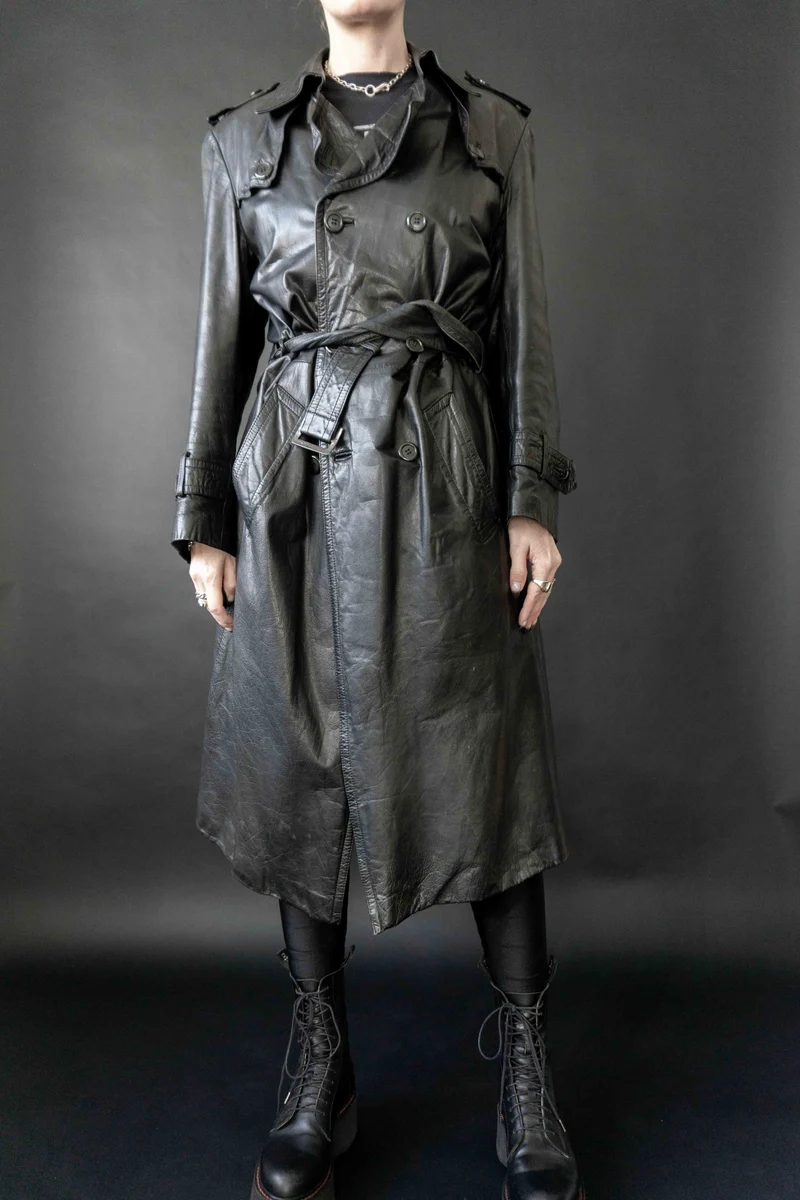 Vintage Leder Trenchcoat mit Gürtel, M–L