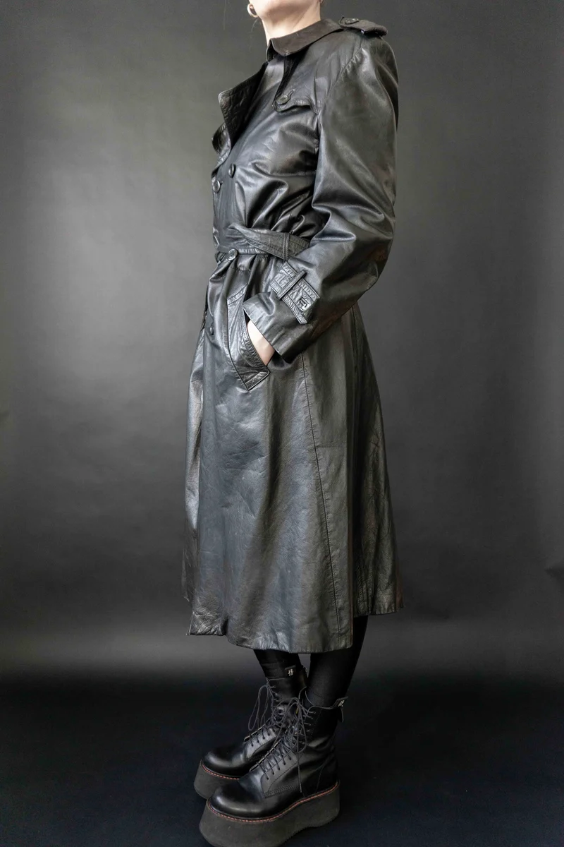 Vintage Leder Trenchcoat mit Gürtel, M–L