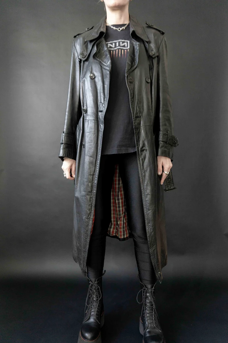 Vintage Leder Trenchcoat mit Gürtel, M–L
