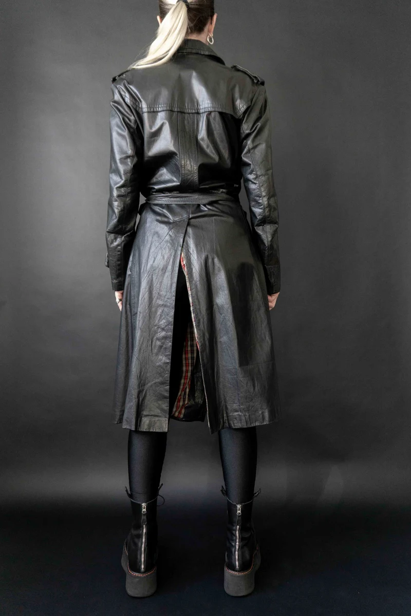Vintage Leder Trenchcoat mit Gürtel, M–L